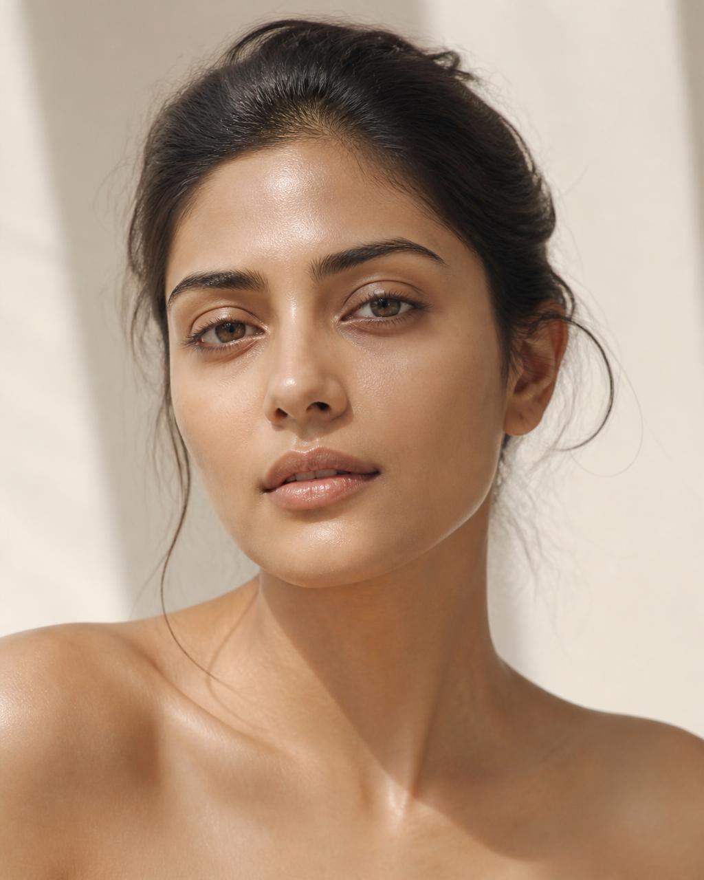 A woman with calm, natural skin in soft daylight