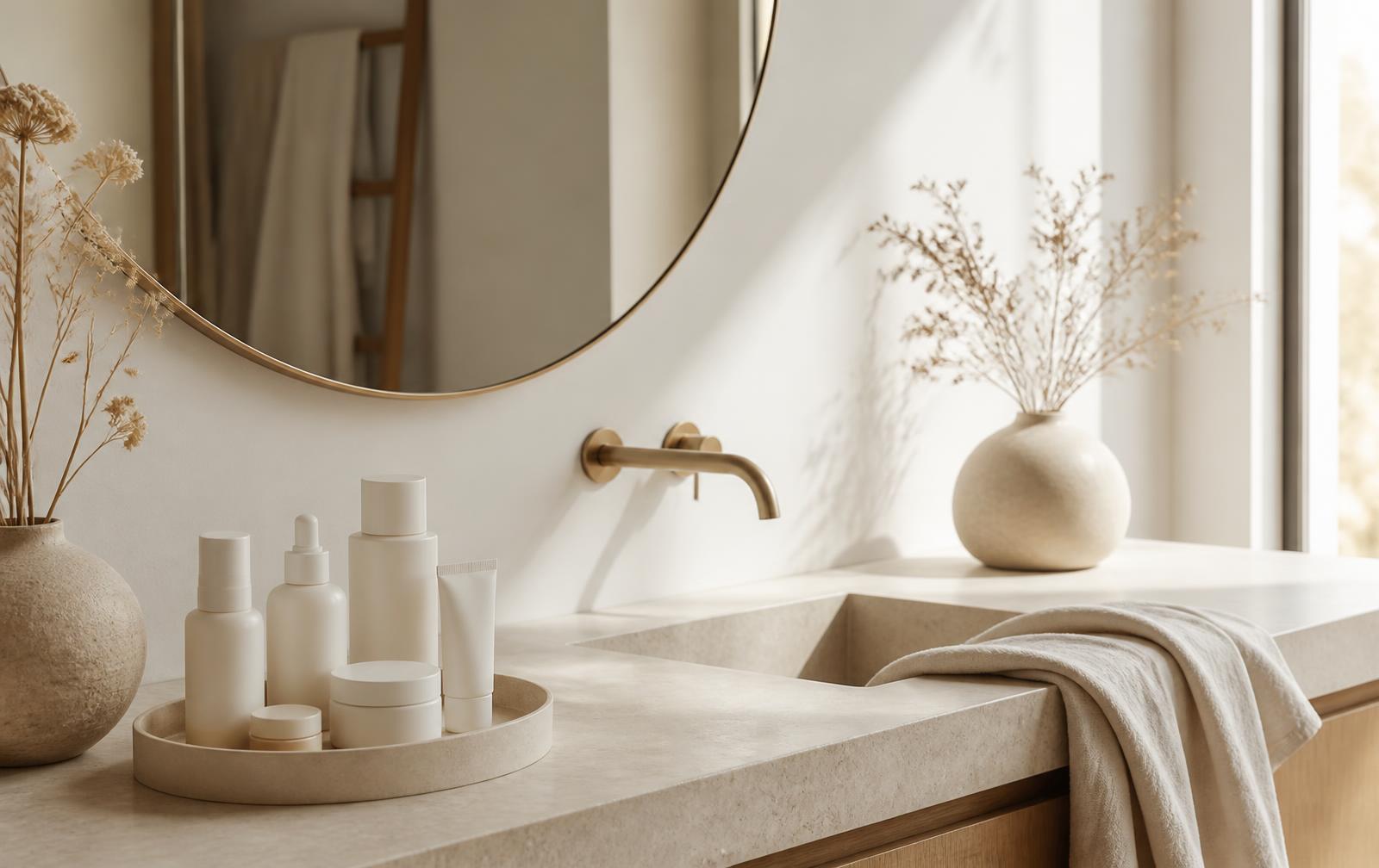 A calm ivory bathroom vanity with skincare and dried botanicals