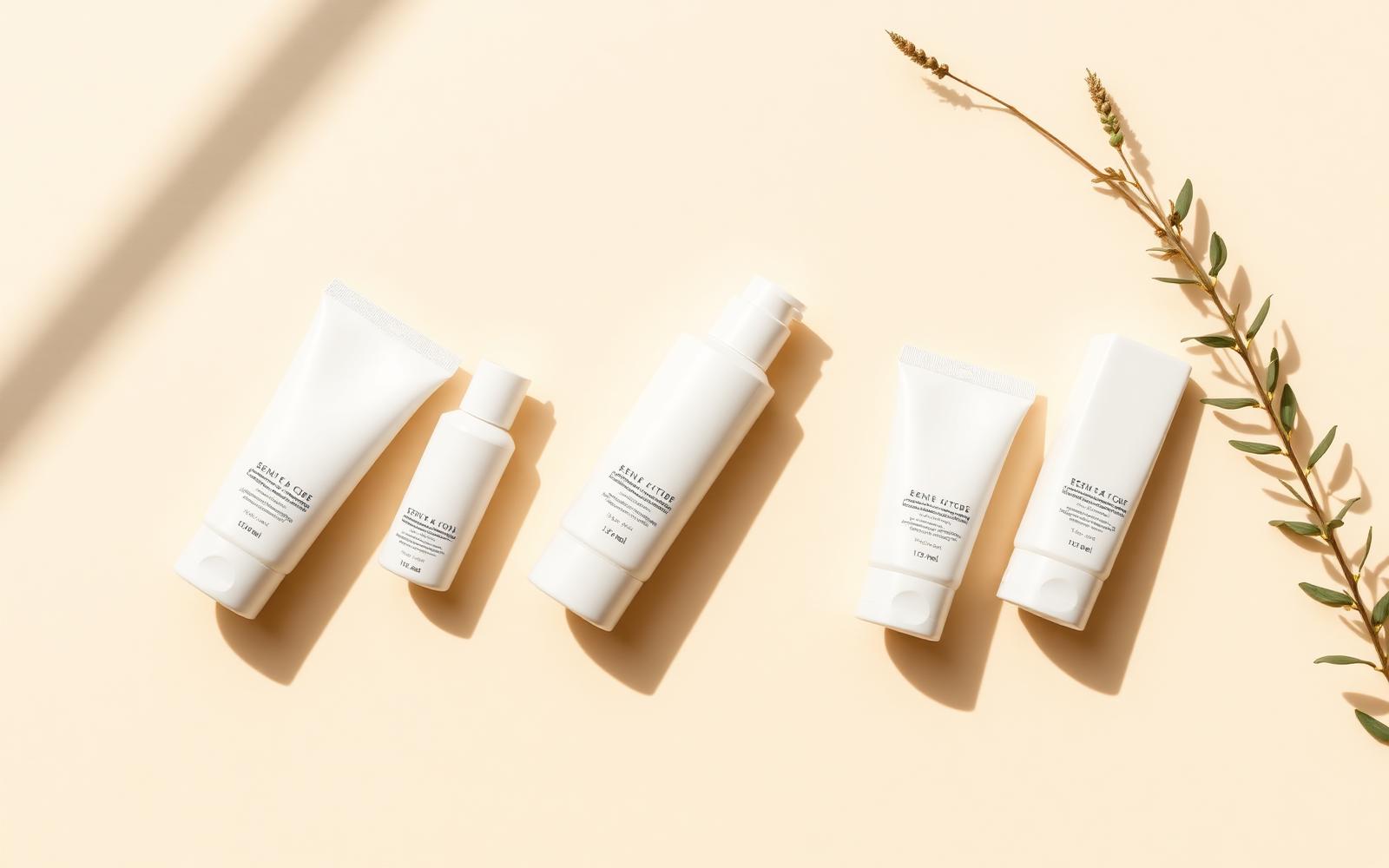 A row of unlabelled cream skincare bottles on an ivory surface